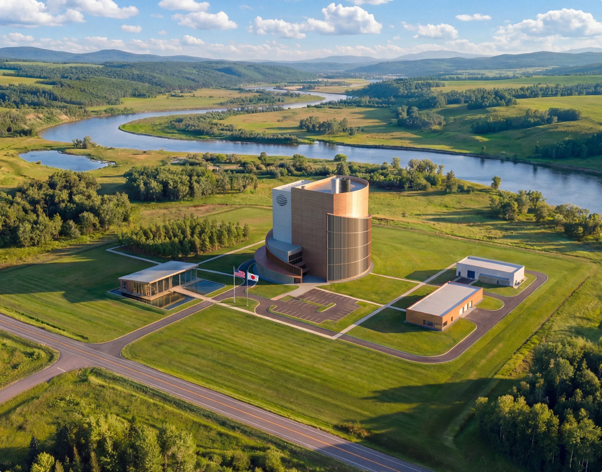 Геоэлектроника сервис modern building complex with surrounding smaller buildings near a winding river in a green rural landscape.